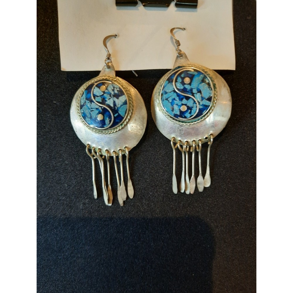 Vintage Mexico, Silver Yin Yang Turquoise Dangle Pierced Earrings